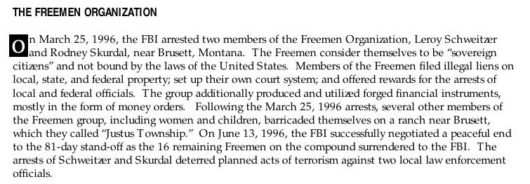 FBI Terrorism in the United States 1996, printed page7: cropped Freemen section